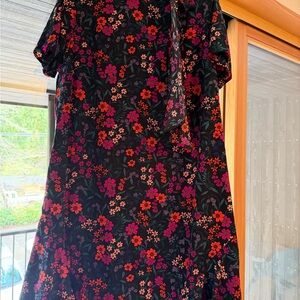 CeCe Black Midi Dress with Pink and Red Floral Print